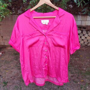 By Anthropologie Silky Hot Bubblegum Pink Short Sleeve Button Down Blouse M